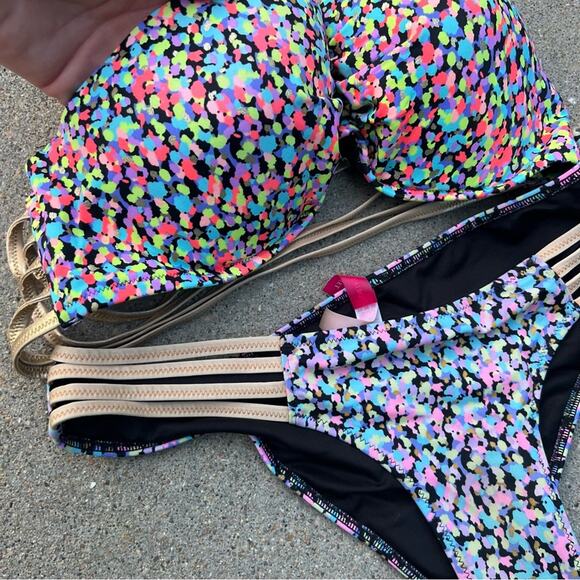 Victoria’s Secret Gold Strappy Neon Splatter Dot Bikini Bottoms - Picture 5 of 5